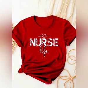 🩺 Red Nurse Life Print T-Shirt/Short Sleeve Crew Neck Casual Top For All Season